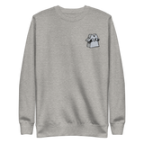 Light Grey crewneck sweatshirt with the raccoon vagabond meeple embroidered on the left chest. 
