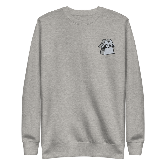 Light Grey crewneck sweatshirt with the raccoon vagabond meeple embroidered on the left chest. 