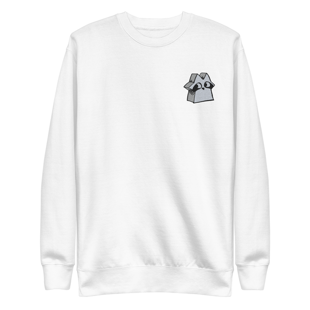 White crewneck sweatshirt with the raccoon vagabond meeple embroidered on the left chest. 