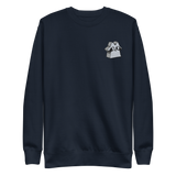 Navy crewneck sweatshirt with the Raccoon Vagabond meeple embroidered on the left chest.