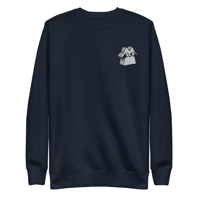 Navy crewneck sweatshirt with the Raccoon Vagabond meeple embroidered on the left chest.