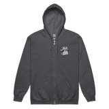 Dark Grey zip hoodie with Raccoon Vagabond meeple embroidered on left chest