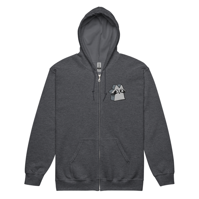 Dark Grey zip hoodie with Raccoon Vagabond meeple embroidered on left chest