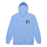 Light Blue zip hoodie with Raccoon Vagabond meeple embroidered on left chest
