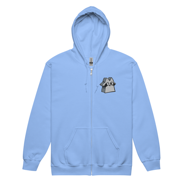 Light Blue zip hoodie with Raccoon Vagabond meeple embroidered on left chest