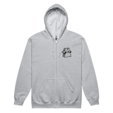 Light grey zip hoodie with Raccoon Vagabond meeple embroidered on left chest