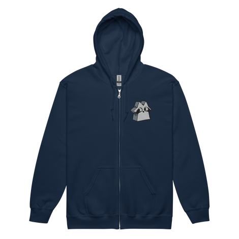 Navy zip hoodie with Raccoon Vagabond meeple embroidered on left chest