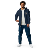 Model wearing Navy zip hoodie with Raccoon Vagabond meeple embroidered on left chest