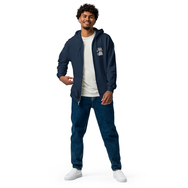 Model wearing Navy zip hoodie with Raccoon Vagabond meeple embroidered on left chest