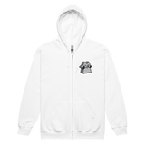 White zip hoodie with Raccoon Vagabond meeple embroidered on left chest