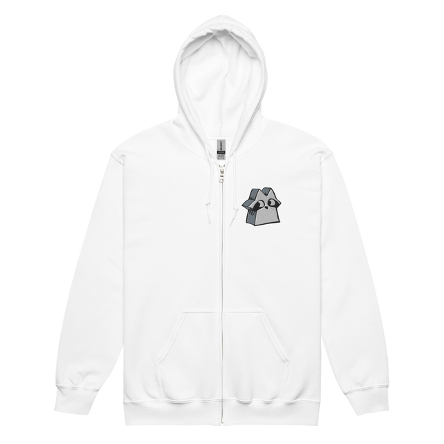 White zip hoodie with Raccoon Vagabond meeple embroidered on left chest