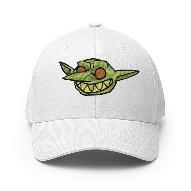 Grinning embroidered goblin from Vast on a white baseball cap