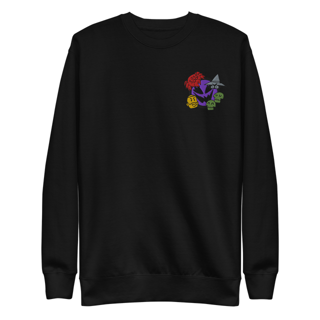 A black crewneck sweatshirt with the Vast: The Mysterious Manor characters embroidered on the left chest.