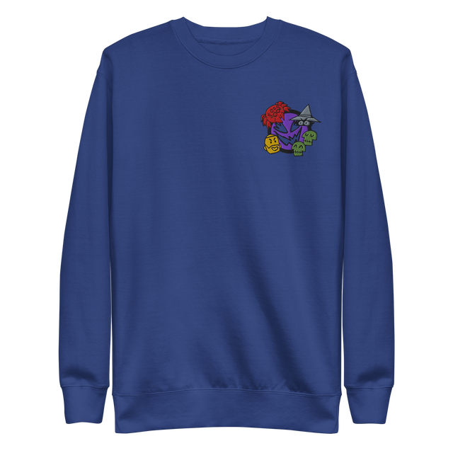 A blue crewneck sweatshirt with the Vast: The Mysterious Manor characters embroidered on the left chest.