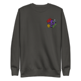A dark grey crewneck sweatshirt with the Vast: The Mysterious Manor characters embroidered on the left chest.