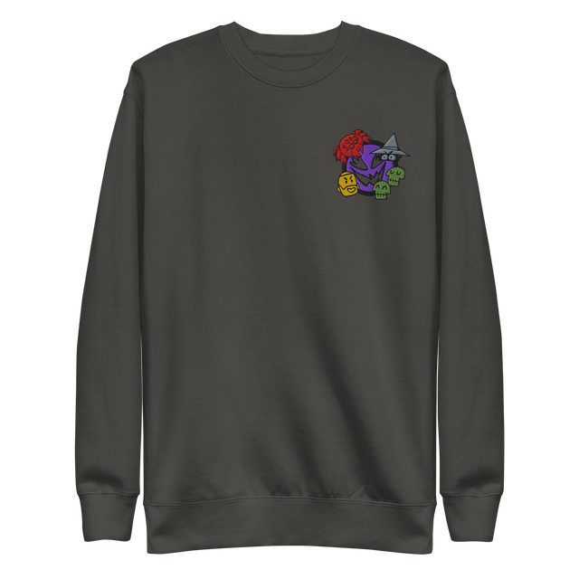 A dark grey crewneck sweatshirt with the Vast: The Mysterious Manor characters embroidered on the left chest.