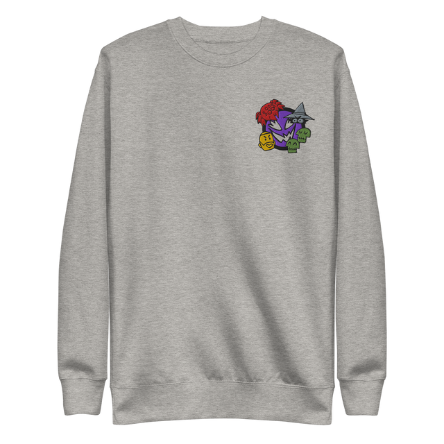 A light grey crewneck sweatshirt with the Vast: The Mysterious Manor characters embroidered on the left chest.