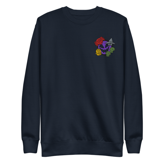 A navy crewneck sweatshirt with the Vast: The Mysterious Manor characters embroidered on the left chest.