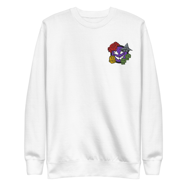 A white crewneck sweatshirt with the Vast: The Mysterious Manor characters embroidered on the left chest.