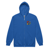 A blue zip hoodie with the characters from Vast The Mysterious Manor embroidered on the left chest.