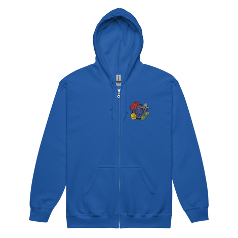 A blue zip hoodie with the characters from Vast The Mysterious Manor embroidered on the left chest.