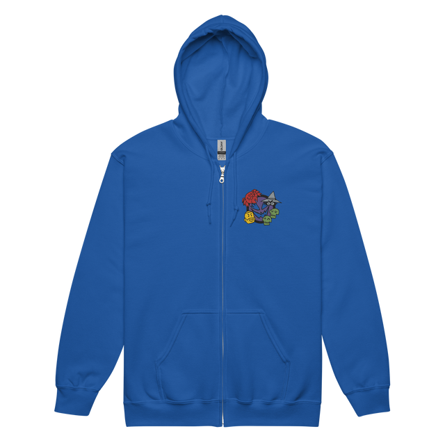A blue zip hoodie with the characters from Vast The Mysterious Manor embroidered on the left chest.