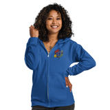 A model wearing a blue zip hoodie with the characters from Vast The Mysterious Manor embroidered on the left chest.