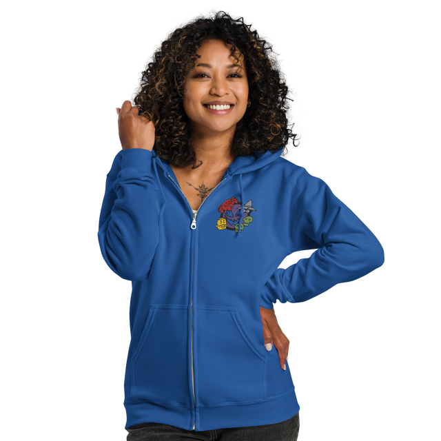 A model wearing a blue zip hoodie with the characters from Vast The Mysterious Manor embroidered on the left chest.
