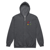 A dark grey zip hoodie with the characters from Vast The Mysterious Manor embroidered on the left chest.