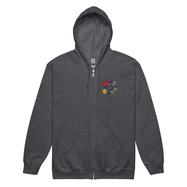 A dark grey zip hoodie with the characters from Vast The Mysterious Manor embroidered on the left chest.