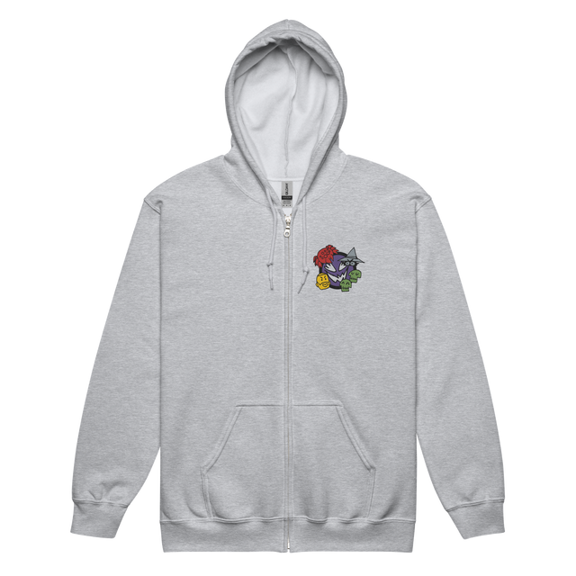 A light grey zip hoodie with the characters from Vast The Mysterious Manor embroidered on the left chest.