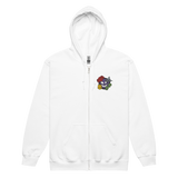 A white zip hoodie with the characters from Vast The Mysterious Manor embroidered on the left chest.
