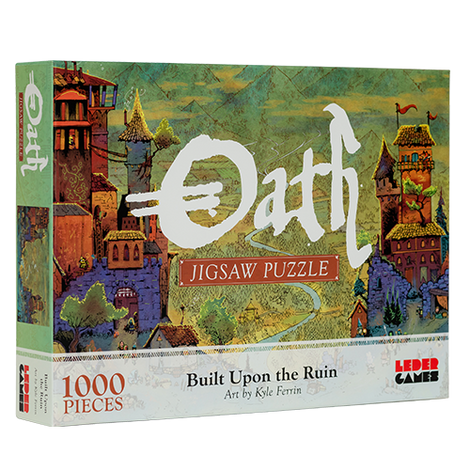 Cover for the 1000-piece puzzle featuring the art from the Oath base game box
