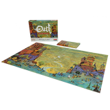 Photo showing the box, hint print, and assembled 1000-piece puzzle