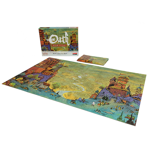 Photo showing the box, hint print, and assembled 1000-piece puzzle