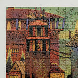 Close up photo of one corner of the puzzle, showing piece size and types