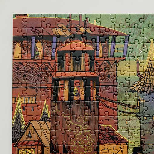 Close up photo of one corner of the puzzle, showing piece size and types