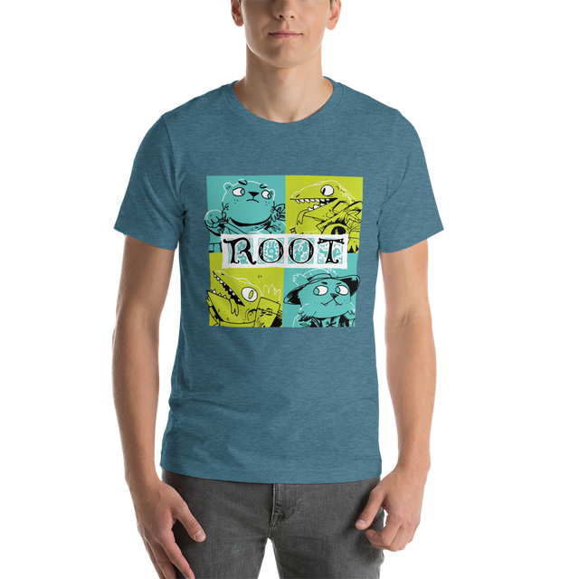 A model wearing the Riverfolk Expansion faction tee in teal heather