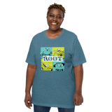 A model wearing the Riverfolk Expansion faction tee in teal heather