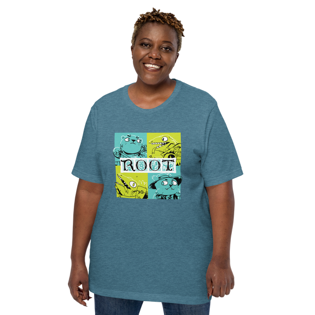 A model wearing the Riverfolk Expansion faction tee in teal heather