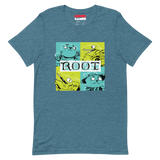 The factions from the Riverfolk Expansion (Riverfolk Company and Lizard Cult) in a bold teal/acid green block print on a teal heather shirt