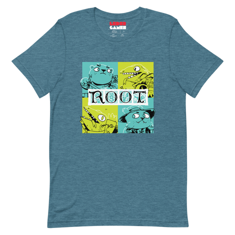 The factions from the Riverfolk Expansion (Riverfolk Company and Lizard Cult) in a bold teal/acid green block print on a teal heather shirt