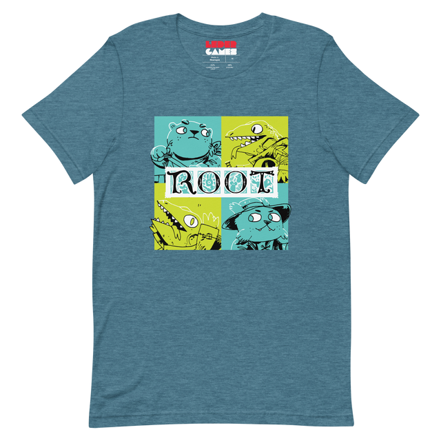 The factions from the Riverfolk Expansion (Riverfolk Company and Lizard Cult) in a bold teal/acid green block print on a teal heather shirt