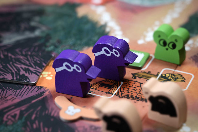 Corvid Spies hireling meeples on the Mountain game board