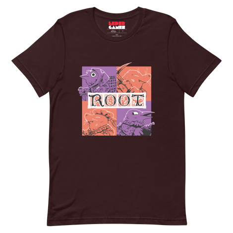 The factions from the Underworld Expansion (Underground Duchy and Corvid Conspiracy) in bold block orange and purple on an Oxblood Black tee