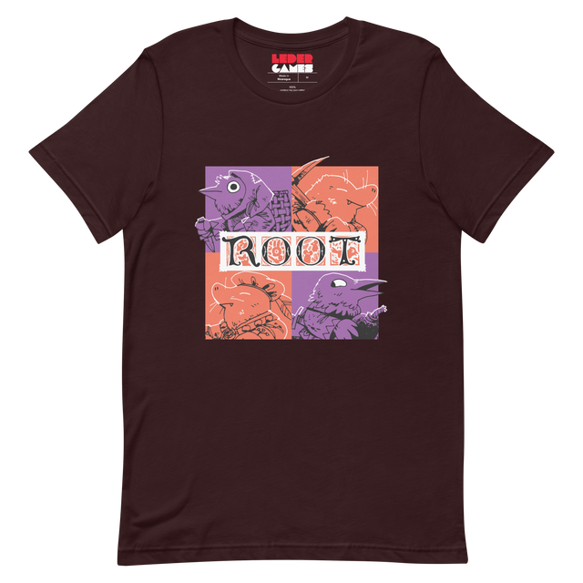 The factions from the Underworld Expansion (Underground Duchy and Corvid Conspiracy) in bold block orange and purple on an Oxblood Black tee