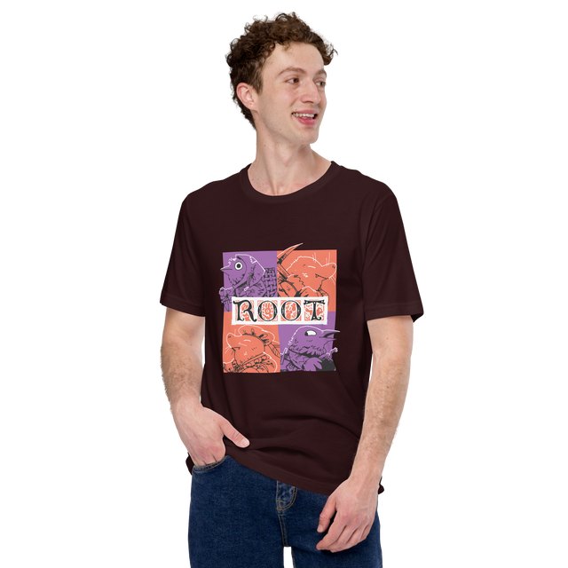 A model wearing our Underworld expansions faction tee in oxblood black.