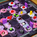 An overview of the Mysterious Manor game board with the wooden meeples in-play