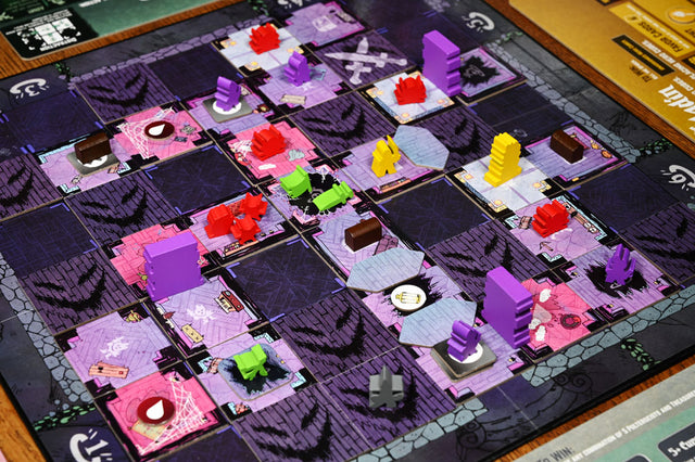 An overview of the Mysterious Manor game board with the wooden meeples in-play